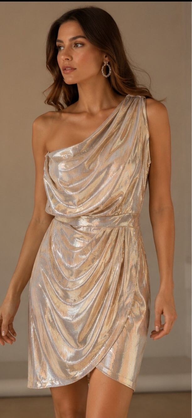 NWT Eva Mendes Gold Metallic One Shoulder Ruched Dress L Elegant Cocktail Party